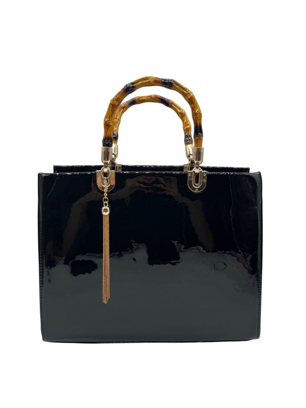 Dasein Black Patent Faux Leather Bamboo Handle Tote Bag